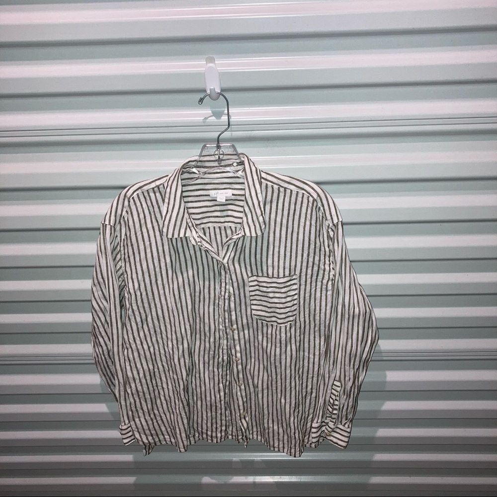 J. Jill Shirt Women’s Size M Petite Pin Striped Print Long Sleeve Linen Blouse